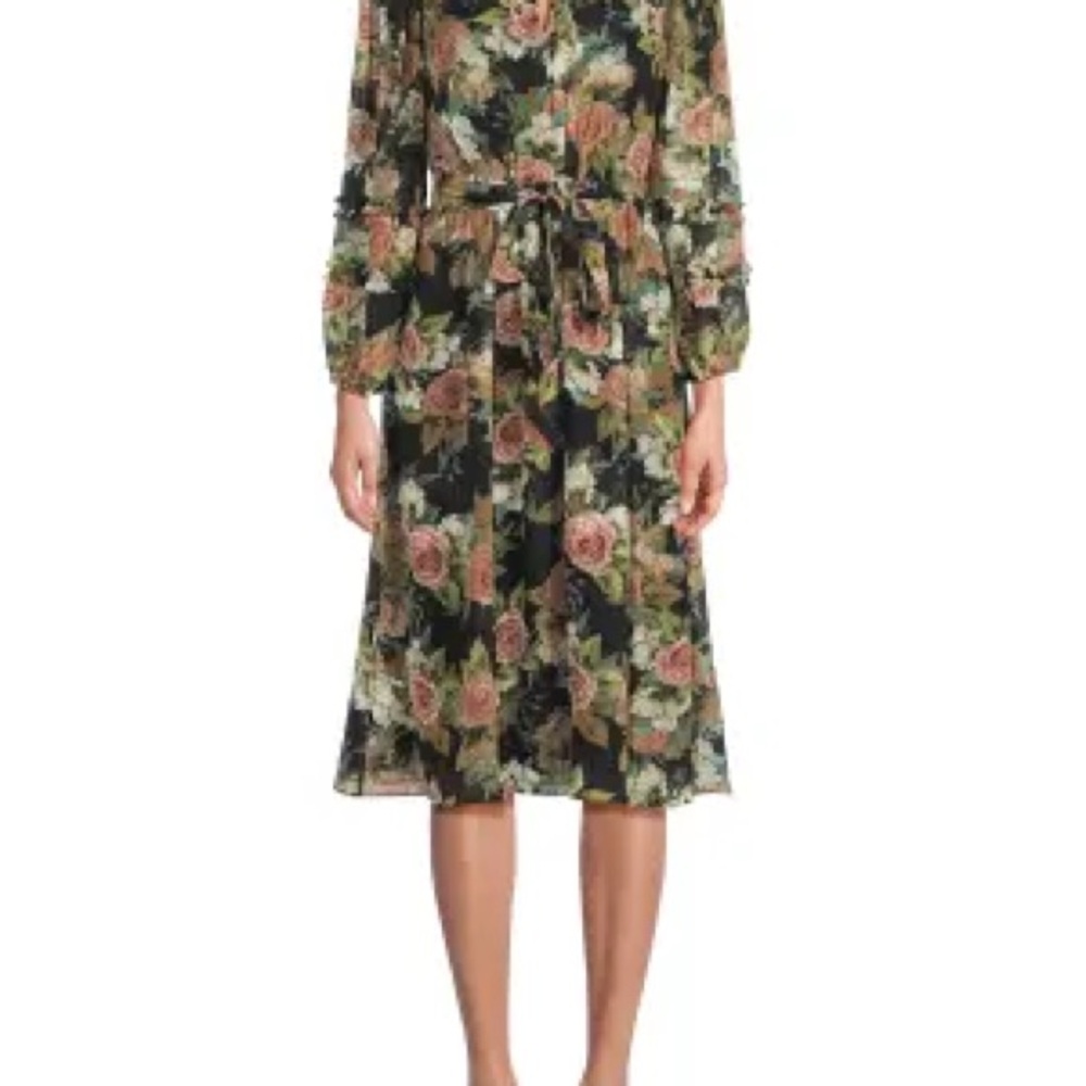 Mikael Aghal Black Floral Midi Dress with Tie Waist